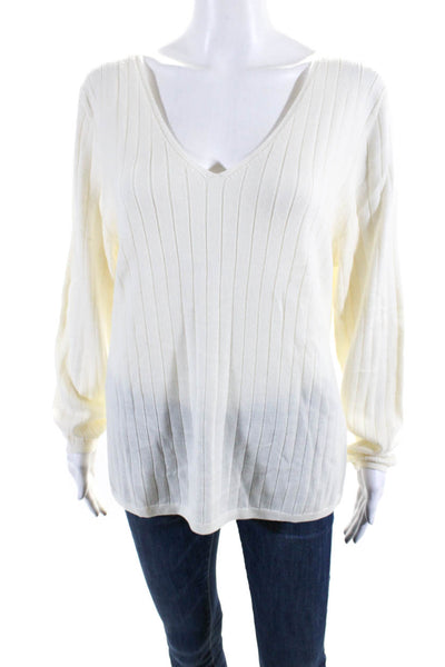 BR Womens Wool Knit Ribbed V-Neck Long Sleeve Pullover Top Beige Size L