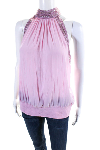 Ramy Brook Womens Halter Neck Sleeveless Embroidered Pink Blouse Size XL