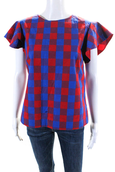 Draper James Womens Back Zip Short Sleeve Gingham Top Blue Red Cotton Size 6
