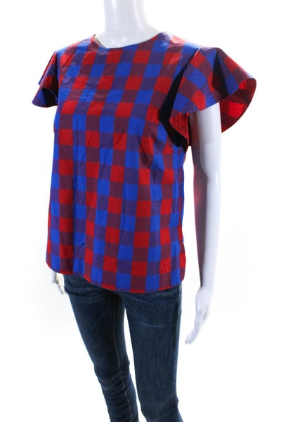 Draper James Womens Back Zip Short Sleeve Gingham Top Blue Red Cotton Size 6