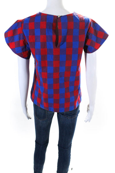 Draper James Womens Back Zip Short Sleeve Gingham Top Blue Red Cotton Size 6