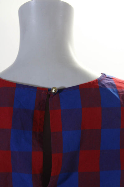 Draper James Womens Back Zip Short Sleeve Gingham Top Blue Red Cotton Size 6