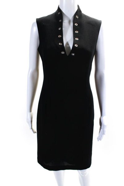 Escada Womens Back Zip Sleeveless Grommet V Neck Sheath Dress Black Wool FR 36