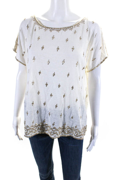 Calypso Saint Barth Womens Linen Embroider Texture Short Sleeve Top White Size M