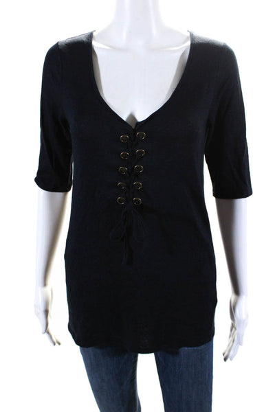 Calypso Saint Barth Womens Linen Lace-Up Tied Long Sleeve Blouse Black Size M