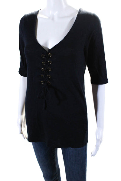 Calypso Saint Barth Womens Linen Lace-Up Tied Long Sleeve Blouse Black Size M