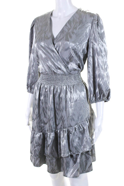 Melonie T Womens Satin Jacquard 3/4 Sleeve Surplice A Line Dress Gray Size 10