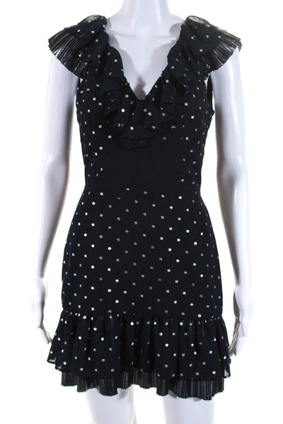 Saks Fifth Avenue Womens Metallic Polka Dot Ruffle Pleat Sheath Dress Navy XS