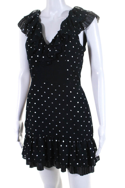 Saks Fifth Avenue Womens Metallic Polka Dot Ruffle Pleat Sheath Dress Navy XS