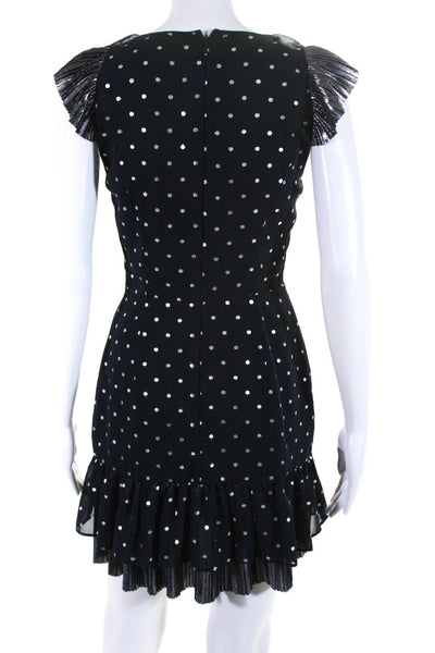 Saks Fifth Avenue Womens Metallic Polka Dot Ruffle Pleat Sheath Dress Navy XS