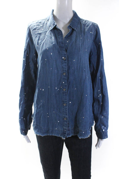 Bella Dahl Womens Button Front Collared Metallic Splatter Shirt Blue Size Medium