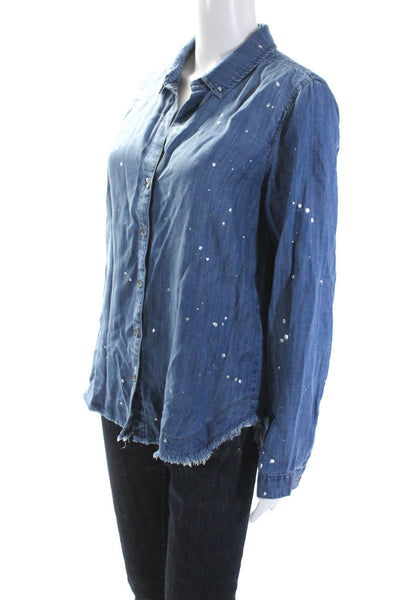 Bella Dahl Womens Button Front Collared Metallic Splatter Shirt Blue Size Medium