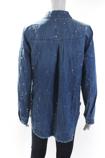 Bella Dahl Womens Button Front Collared Metallic Splatter Shirt Blue Size Medium