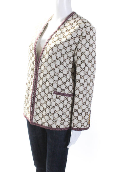 Gucci Womens Hook Front Metallic GG Knit Jacket White Brown Purple Size IT 38