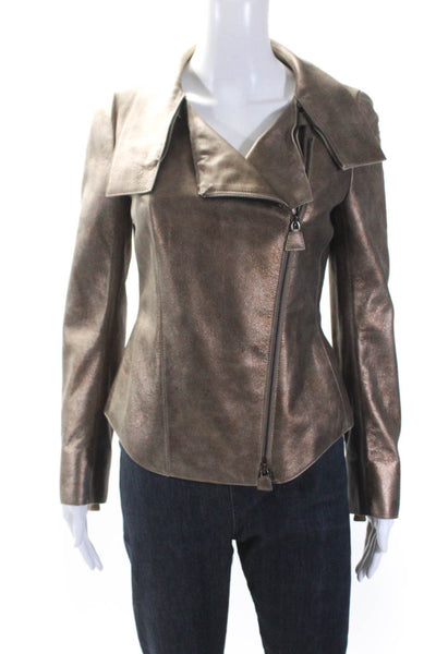 Akris Womens Long Sleeve Front Zip Collared Metallic Leather Jacket Brown Size 6
