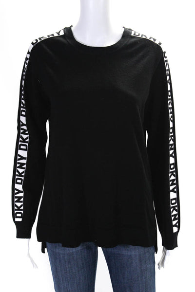 DKNY Womens Logo Stripe Sleeve Crew Neck Pullover Sweater Black White Medium
