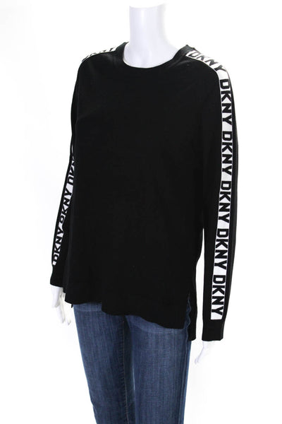 DKNY Womens Logo Stripe Sleeve Crew Neck Pullover Sweater Black White Medium