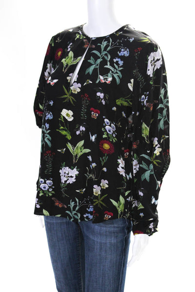 Joie Womens Long Sleeve Y Neck Botanical Floral Top Blouse Black Multi Small