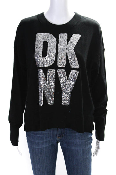 DKNY Womens Crew Neck Sequin Logo Boxy Sweater Black Silver Size Medium