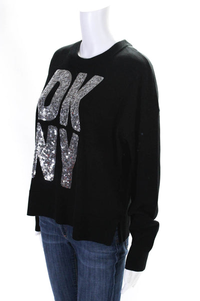 DKNY Womens Crew Neck Sequin Logo Boxy Sweater Black Silver Size Medium