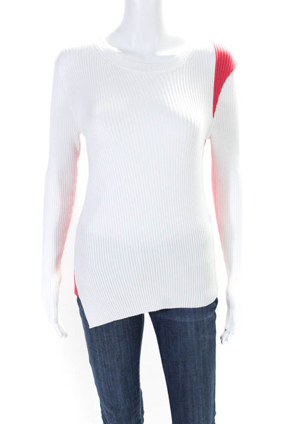 DKNY Womens Color Block Ribbed Crew Neck Sweater Pink White Size Medium