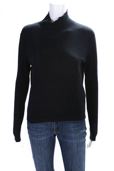 Max Mara Studio Womens Ribbed Turtleneck Sweater Navy Blue Silk Size Large