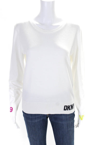 DKNY Womens Logo Intarsia Crew Neck Pullover Sweater White Pink Yellow Medium