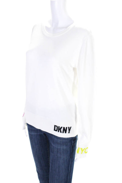 DKNY Womens Logo Intarsia Crew Neck Pullover Sweater White Pink Yellow Medium