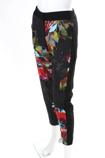 Trina Turk Womens Low Rise Floral Grosgrain Slim Leg Pants Black Multi Size 4