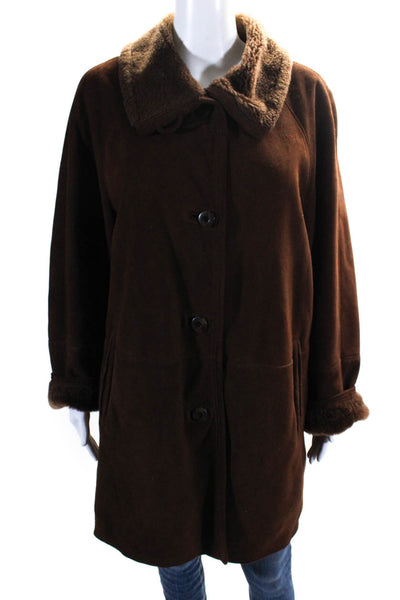 Gimos Womens Shearling Lined Darted Collar Button Long Sleeve Coat Brown Size L