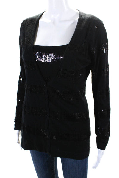 Magaschoni Womens Silk Sequined Striped Pullover Tank Cardigan Set Black Size M