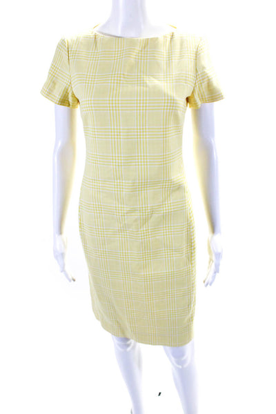 Boss Hugo Boss Womens Boat Neck Short Sleeve Plaid Sheath Dress Yellow Size M