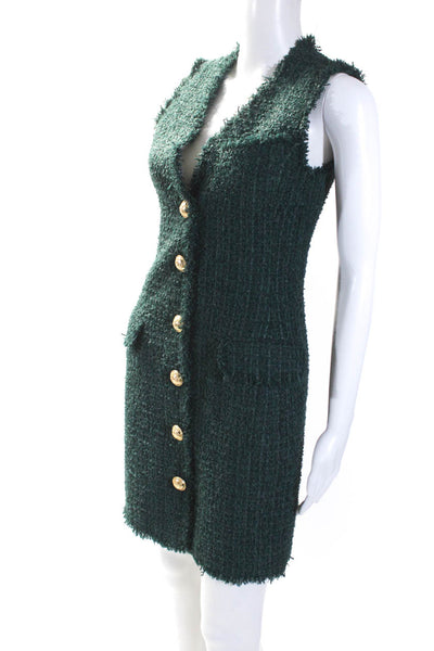 Balmain Womens Button Front Sleeveless V Neck Tweed Dress Green Size FR 36