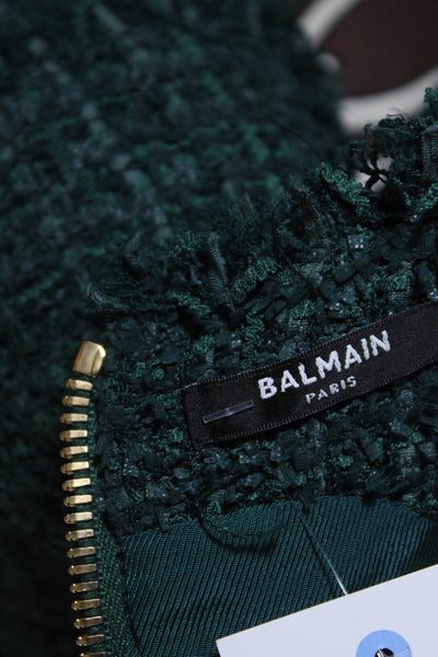 Balmain Womens Button Front Sleeveless V Neck Tweed Dress Green Size FR 36