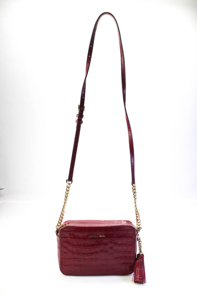 Michael Kors Womens Small Embossed Leather Tassel Crossbody Handbag Magenta
