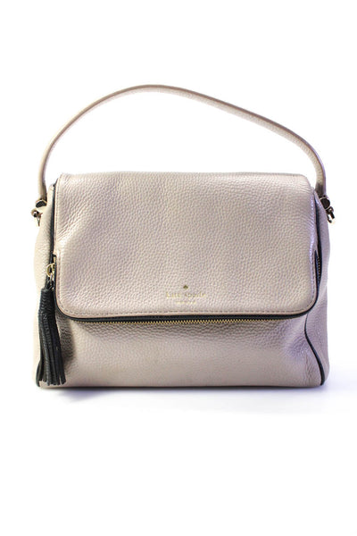 Kate Spade Womens Pebbled Leather Flap Tassel Satchel Tote Handbag Beige