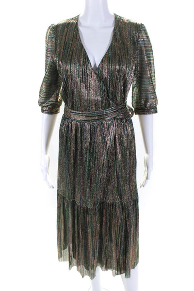 Ba&Sh Womens 3/4 Sleeve V Neck Metallic Striped Wrap Dress Multicolored Size 4