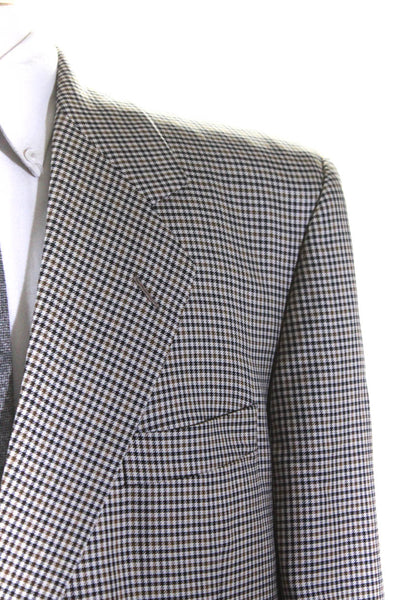 Hickey Freeman Mens Silk Check Print Button Long Sleeve Blazer Brown Size EUR46