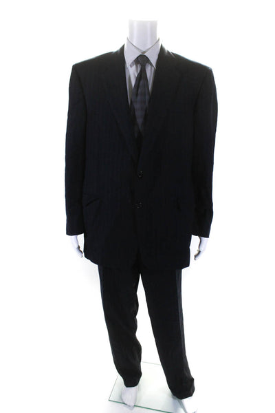 Hickey Freeman Mens Wool Striped Print Pleated Pants Blazer Set Navy Size EUR46