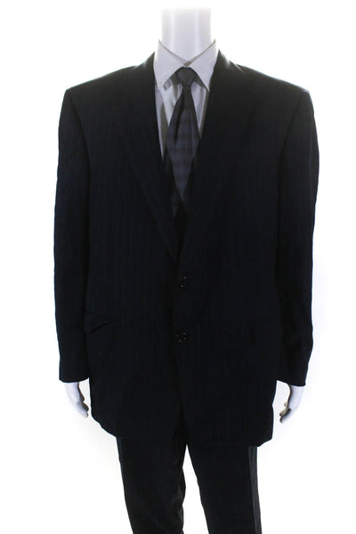 Hickey Freeman Mens Wool Striped Print Pleated Pants Blazer Set Navy Size EUR46