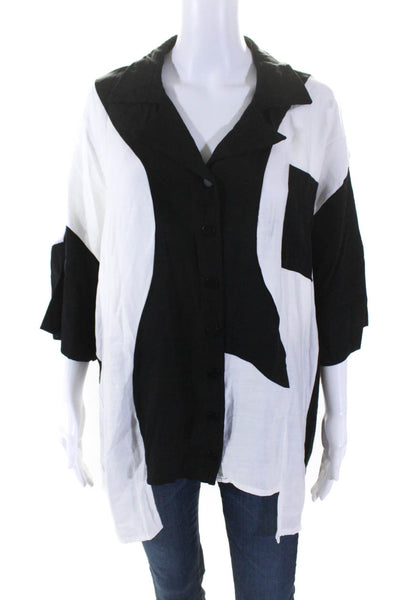 Caraclan Womens Colorblock Print Button Down Short Sleeve Top White Black Size M