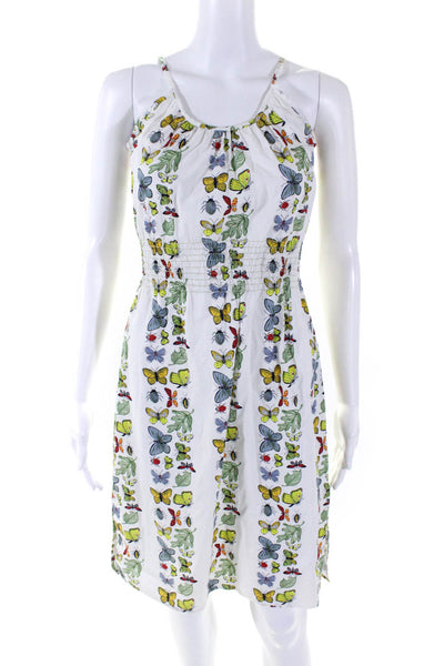 Shannon Mclean Womens Cotton Butterfly Printed Smocked Waist Dress White Size S