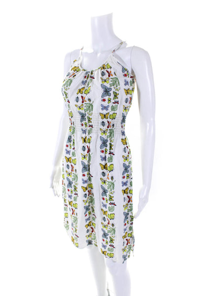 Shannon Mclean Womens Cotton Butterfly Printed Smocked Waist Dress White Size S