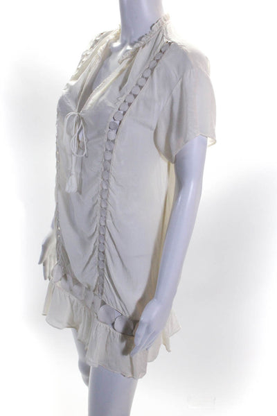 Kisuii Womens Silk V Neck Short Sleeve Embroidered Trim Shift Dress Cream Size X