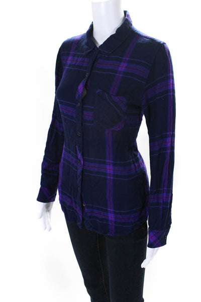 Rails Womens Button Front Long Sleeve Collared Shirt Navy Purple Size Small