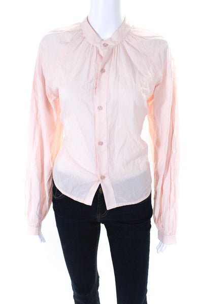 Mother Womens Button Front Long Sleeve Collarless Shirt Peach Cotton Size Small