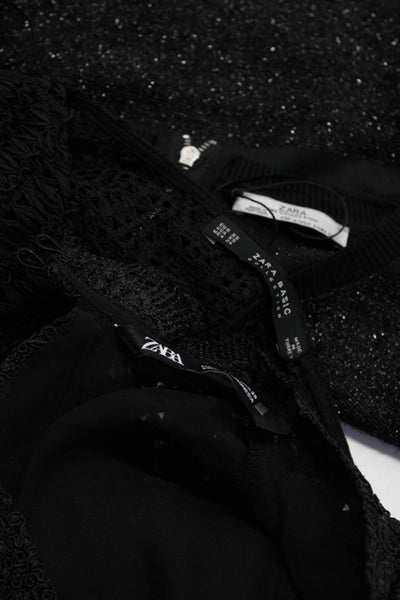 Zara Women's Round Neck 3/4 Sleeves Glitter Blouse Black Size S Lot 3