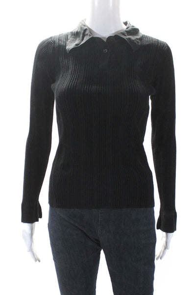 3.1 Phillip Lim Women's Collared Long Sleeves Ribbed Blouse Black Size S