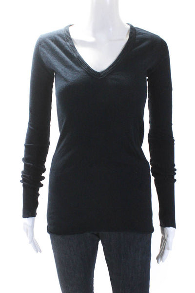 Enza Costa Women's V-Neck Long Sleeves Ribbed Blouse Black Size S