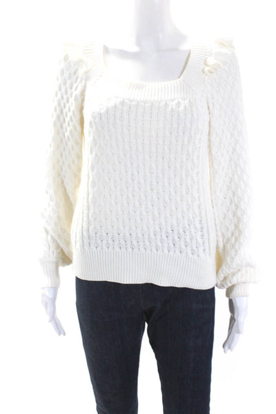 525 Womens Cable Knit Ruffled Long Sleeves Sweater White Cotton Size Small